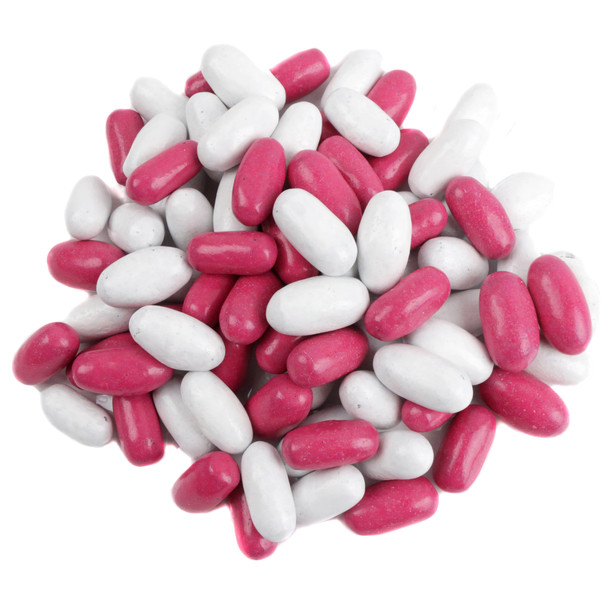 Good and Plenty black licorice candy, vibrant pink and white candy shells, chewy classic.