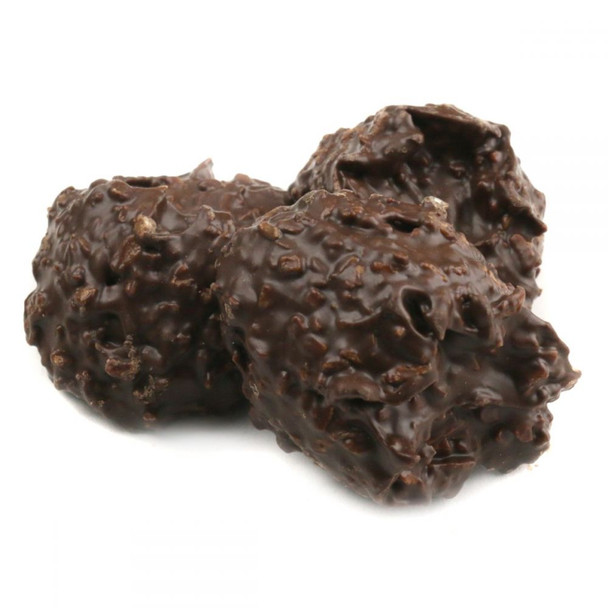 Ashers Sugar Free Dark Chocolate Coconut Clusters. White shredded coconut inside rich dark brown chocolate, approx 41 per pound.