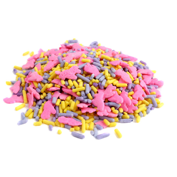 Unicorn Sprinkles, magical mix of pastel purple and yellow sprinkles with adorable unicorn shapes for baking.