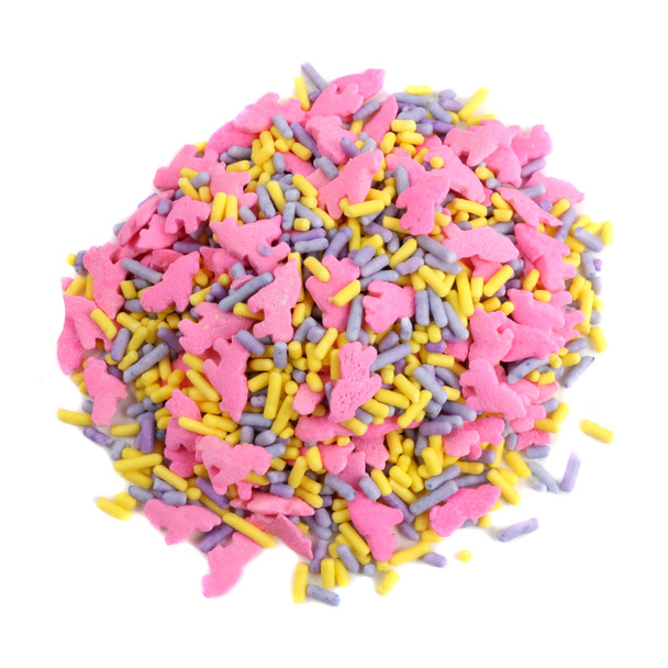 Purple and yellow pastel Unicorn Sprinkles, adorable unicorn shapes, magical mix for baking decorations, desserts.
