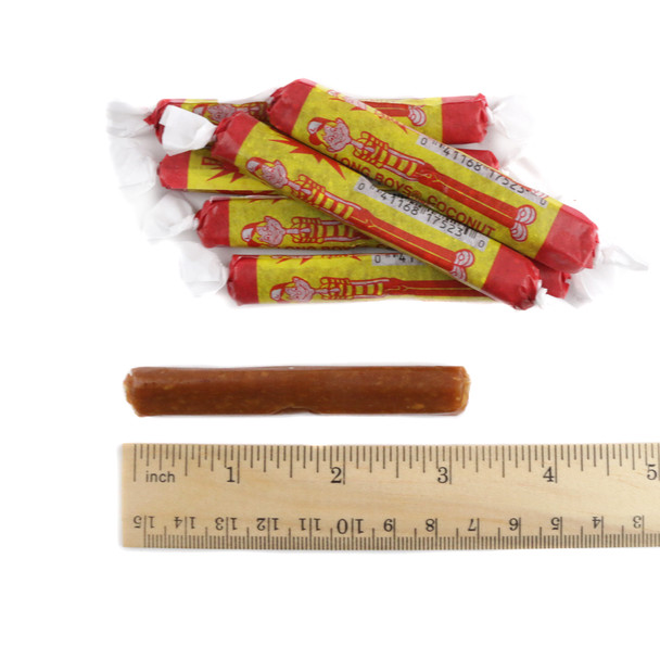 Atkinson Long Boys Candy, creamy caramel with white coconut flakes, individually wrapped. Approx 40 golden brown pieces.