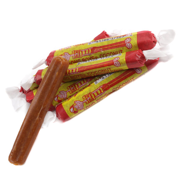 Old fashioned Long Boys Candy, creamy caramel with white coconut flakes, individually wrapped, about 40 pieces.