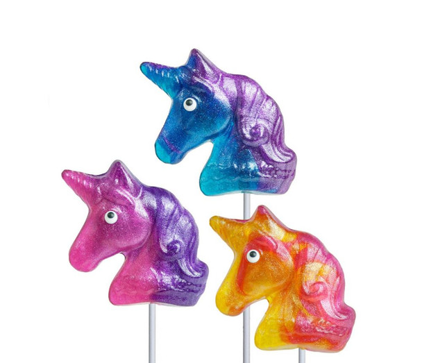 6 unicorn lollipops, edible glitter swirl, pink, yellow, purple, blue. Strawberry, grape, banana flavors.