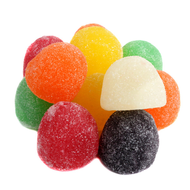 Large gumdrops, vibrant rainbow colors, assorted cherry, orange, grape, lime, lemon, pineapple fruity flavors.