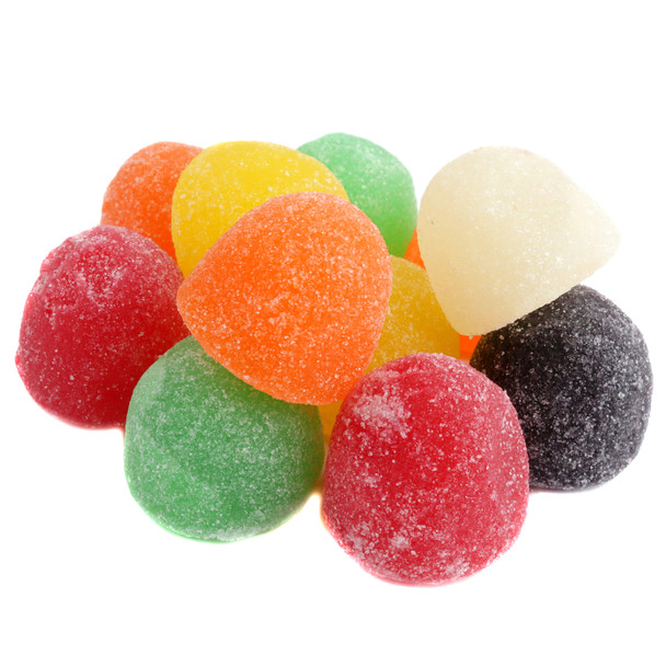 Retro large gumdrops, assorted cherry, orange, grape, lime, lemon, pineapple fruity flavors, vibrant rainbow colors.