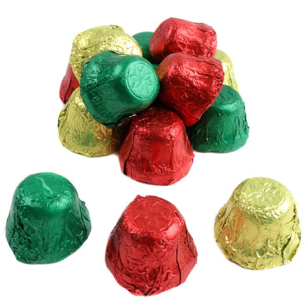 Palmer Chocolate flavored Christmas bells, foil-wrapped, bright assorted festive colors, approx. 45 pieces per pound.