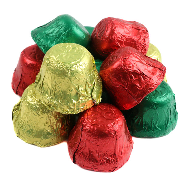 Bright, festive Palmer Chocolate Christmas Bells, foil-wrapped, assorted color, bell-shaped chocolates, approx. 45/lb.