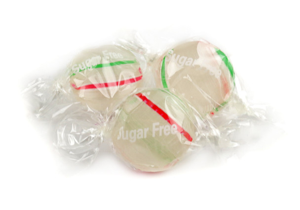 Leman's Sugar Free Peppermint Mints, green individually wrapped candy with thin red and green stripes, approx 75 per pound.