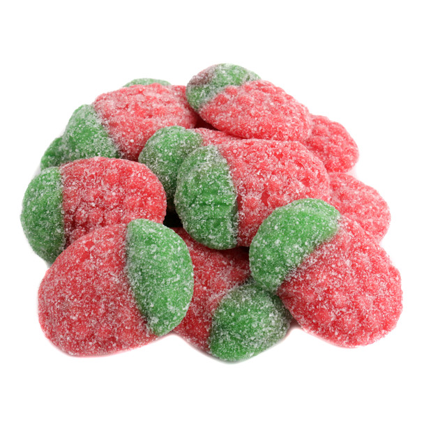 Red, tangy Gummy Sour Strawberries, approx 70 per pound, with sweet strawberry flavor, made in Spain.