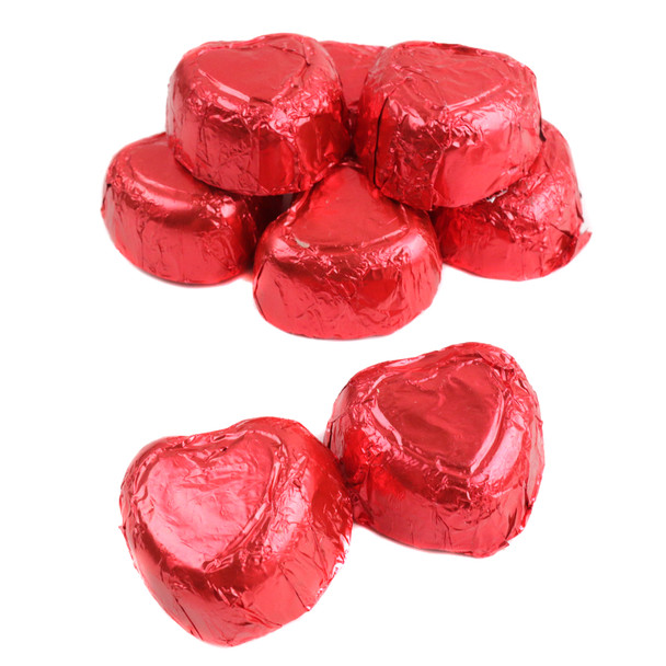 Palmer Milk Chocolate Valentine Hearts, bright red foil wrapped. Approx 48 per pound, perfect for Valentine's Day candy buffets.