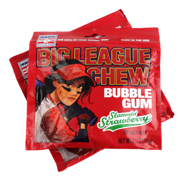 Big League Chew Slammin' Strawberry shredded bubble gum, vibrant red, in a classic foil pouch.
