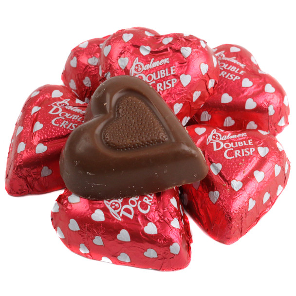 Double Crisp Milk Chocolate Valentine Hearts, individually wrapped in bright red and pink foils, crispy rice, 48 per pound.