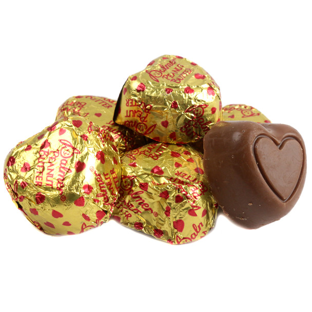Gold foil wrapped peanut butter filled chocolate hearts, 45 per pound, with tiny red hearts, for Valentine's Day.