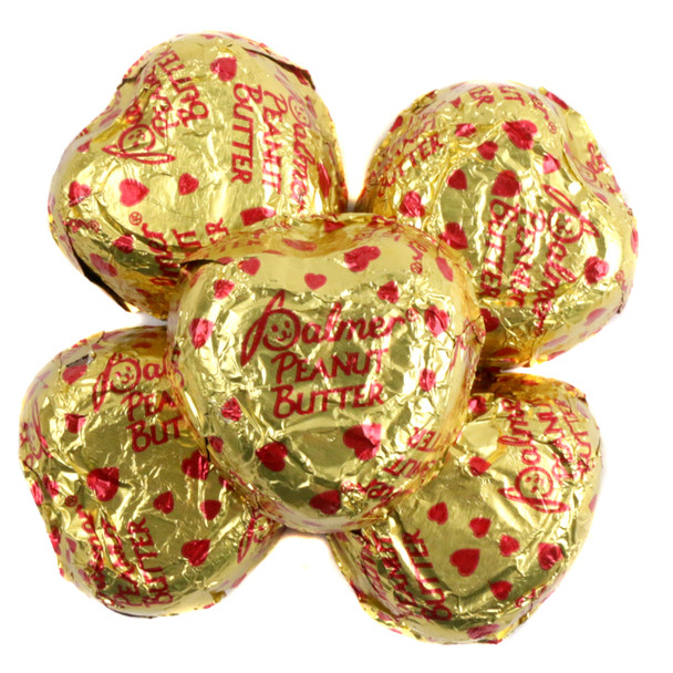 45 gold foil wrapped peanut butter filled milk chocolate hearts with tiny red hearts, Valentine's Day candy.
