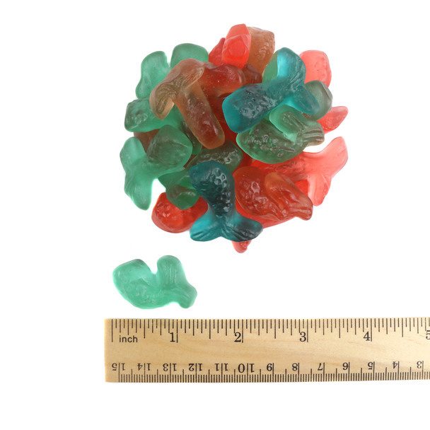 Pink and blue curved gummy mermaid tails candy, approx 90 pieces per pound, fruity flavored.