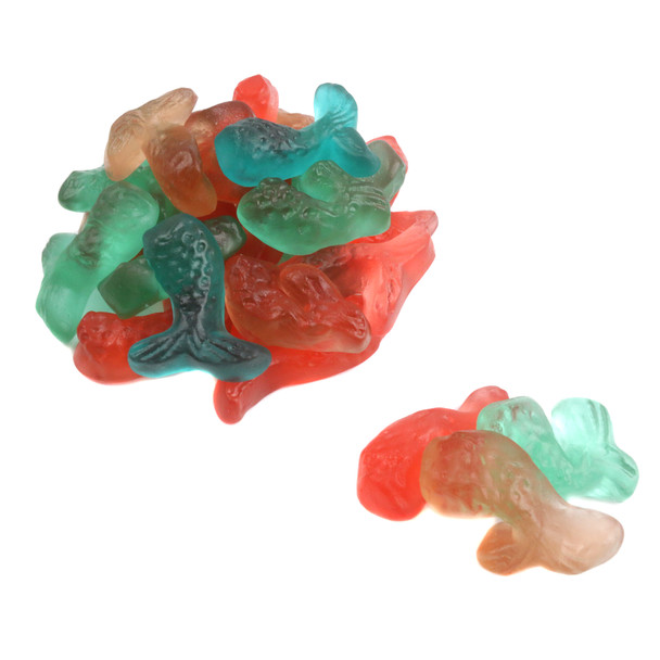Pink and blue gummy mermaid tails, slightly curved, approx. 90 per pound, bursting with fruity flavors.