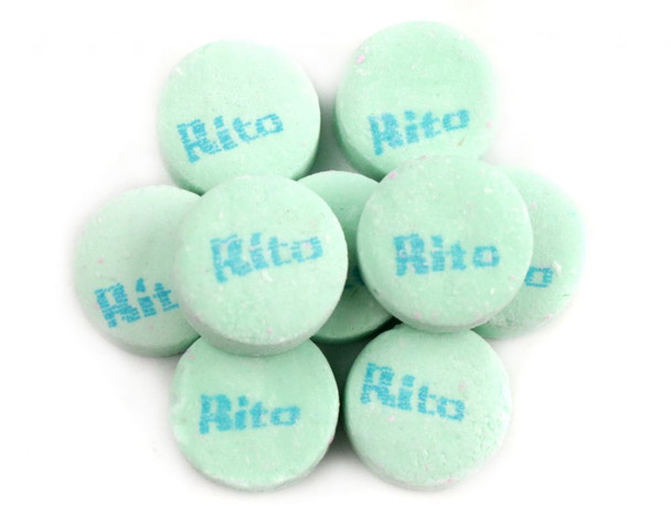 Spearmint Rito Mints, pastel green, bite-sized, 3/4 inch diameter, approximately 100 mints per pound, old-fashioned candy.