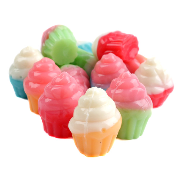 3D Gummy Cupcakes, assorted flavors, pink or white frosting, adorable wrappers. Approx 55 per pound.