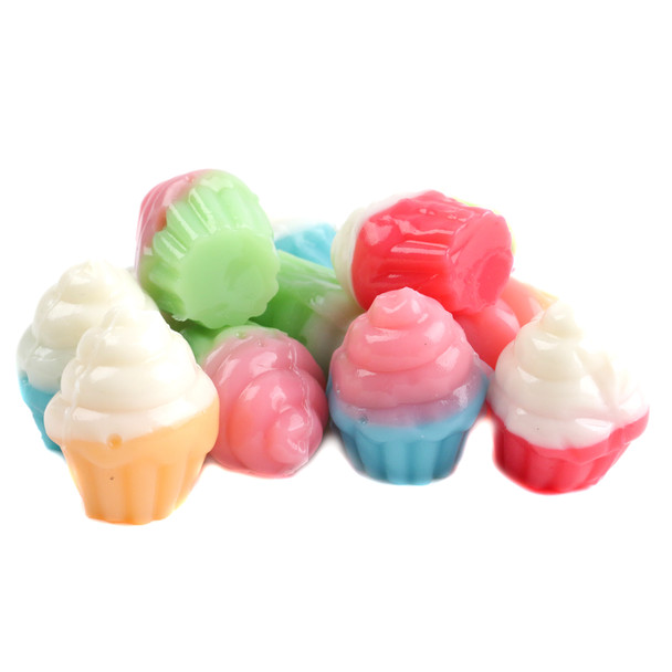 3D Gummy Cupcakes, assorted flavors, pink & white frosting, cupcake wrappers, approx 55 pieces per pound.