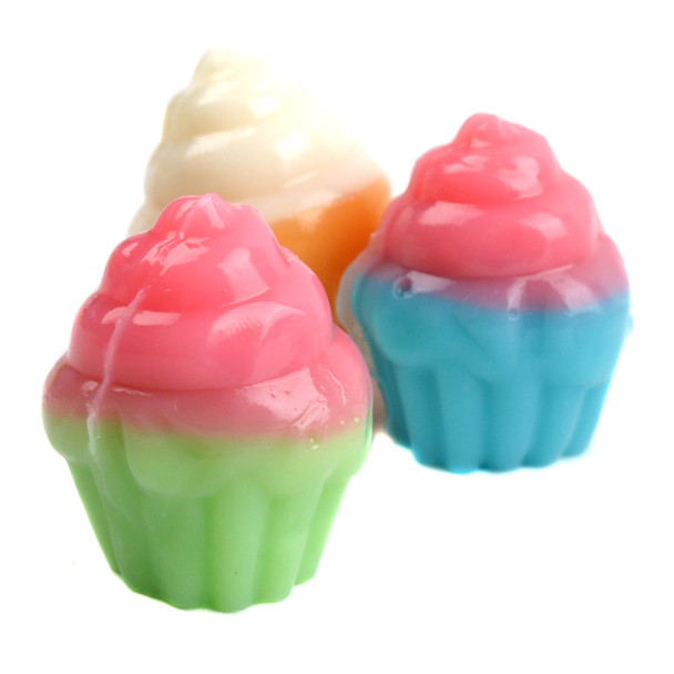 3D Gummy Cupcakes, assorted flavors, pink/white frosting, adorable wrappers, approx 55 per pound.
