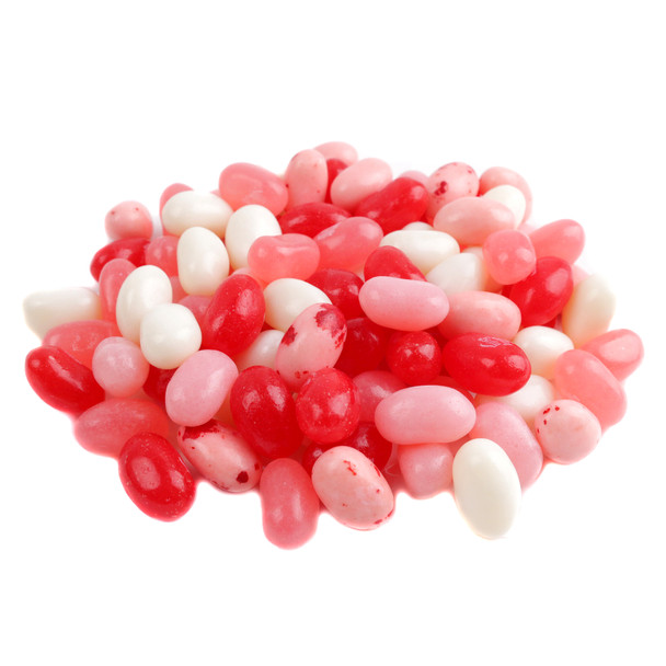 Jelly Belly Valentine jelly beans. Red, pink, white mix of Strawberry, Bubble Gum, Coconut flavors. Approx 400 per pound.