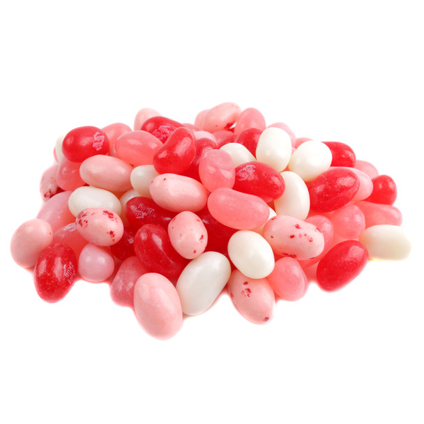 Jelly Belly Valentine jelly beans, red, pink, white mix including Very Cherry, Strawberry Cheesecake, Bubble Gum, Cotton Candy.