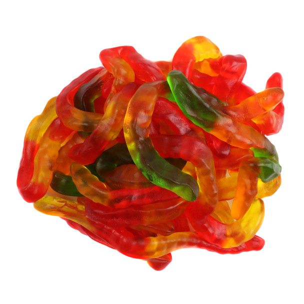 Classic multi-colored gummy worms, approx 75 per pound, vibrant fruity flavors, fun wiggly shapes.