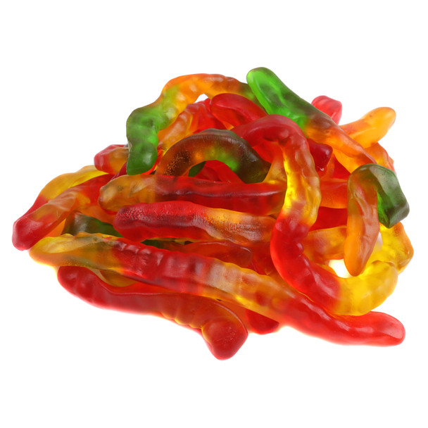 Multi-colored Gummy Worms, classic fruity candy, approximately 75 worms per 1lb bag.