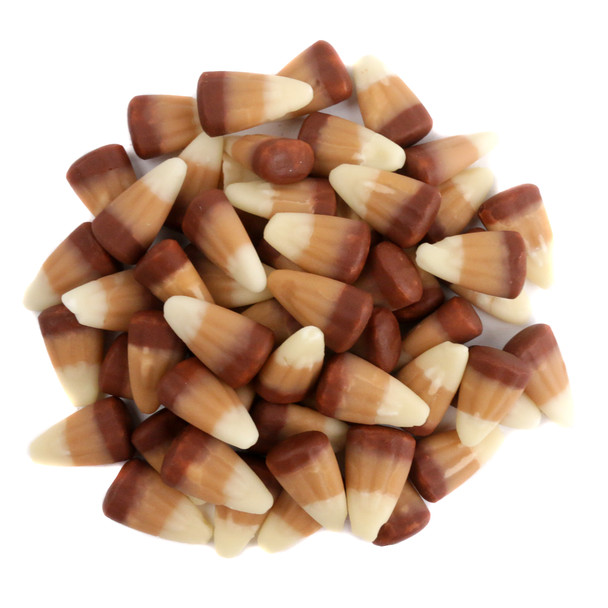 Smores candy corn, brown, white, and tan, 250 pieces per pound. Marshmallow, chocolate, graham cracker flavor.