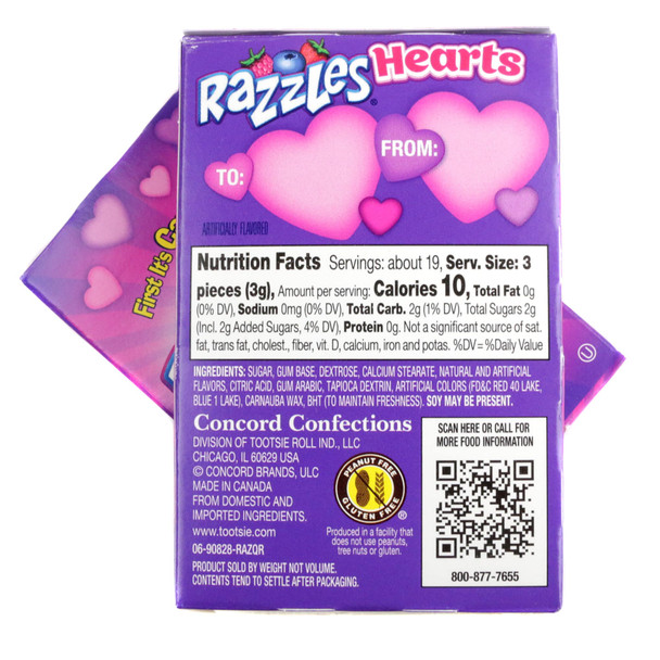 Valentine Razzles Hearts candy, 24 packs of red, pink, purple heart-shaped Blueberry, Strawberry, Raspberry flavors.