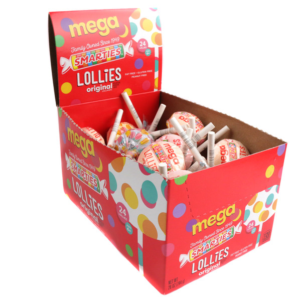 24 colorful, individually wrapped, two-toned Smarties Mega Lollies, fruity sweet & sour lollipops.