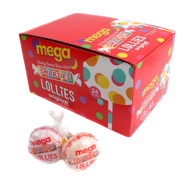 24 Smarties Mega Lollies, individually wrapped, vibrant two-toned fruity lollipops with sweet and sour flavors.