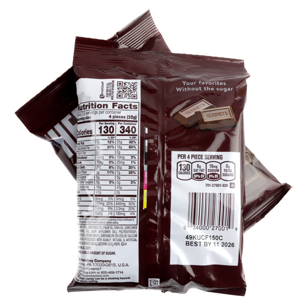 Hershey's Sugar Free dark brown chocolate miniature bars, 3oz bag.