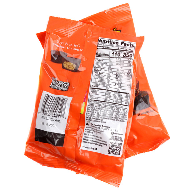 Reese's Sugar Free Peanut Butter Cups, 3oz bag. Miniature chocolate and peanut butter candy, brown, orange, yellow.
