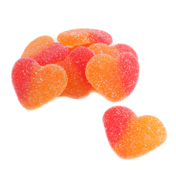 Peach Gummy Hearts, juicy peach flavor, approximately 80 pieces per pound, pink and orange Valentine's Day gummy candy.
