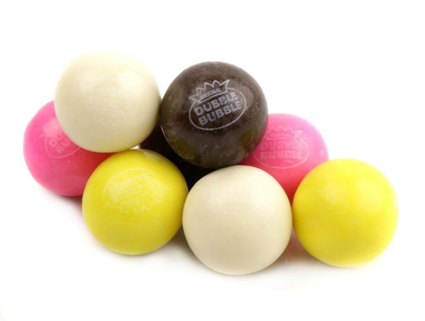Bright yellow Dubble Bubble Banana Split Gumballs, 1-inch, approx 50 per pound, with chocolate, vanilla, strawberry, banana flavors.