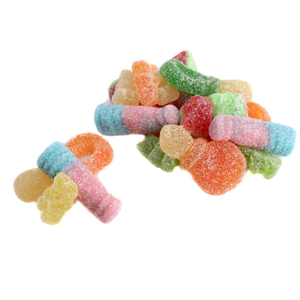 Rainbow sour gummy mix, 85 pieces, various shapes like bears, spiders, watermelon slices, soda bottles, pacifiers.