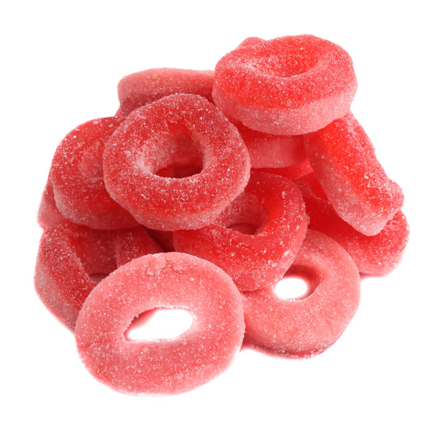 Vibrant red Watermelon Gummy Rings, sweet and chewy, approximately 55 rings per pound.
