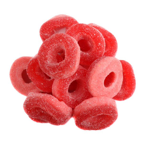 Vibrant red Watermelon Gummy Rings, sweet and soft, bursting with refreshing flavor, approx 55 rings per pound.