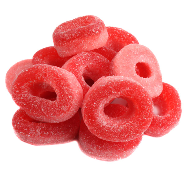 Vibrant red Watermelon Gummy Rings, sweet and soft, approximately 55 rings per pound.