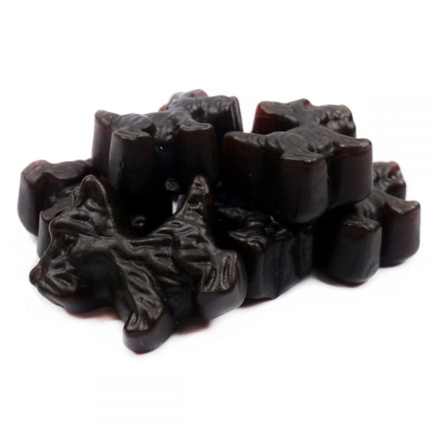 Jelly Belly black licorice Scottie dog candies, chewy 1.5 inch dog shapes, approx 62 per pound.