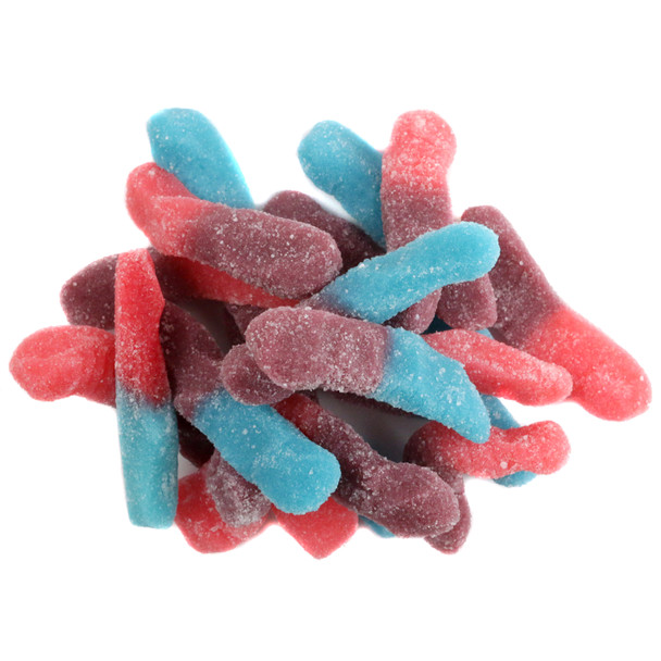 Colorful Trolli Very Berry Gummy Worms, approx. 100 per pound, with red, blue, purple raspberry, strawberry, blackberry flavors.