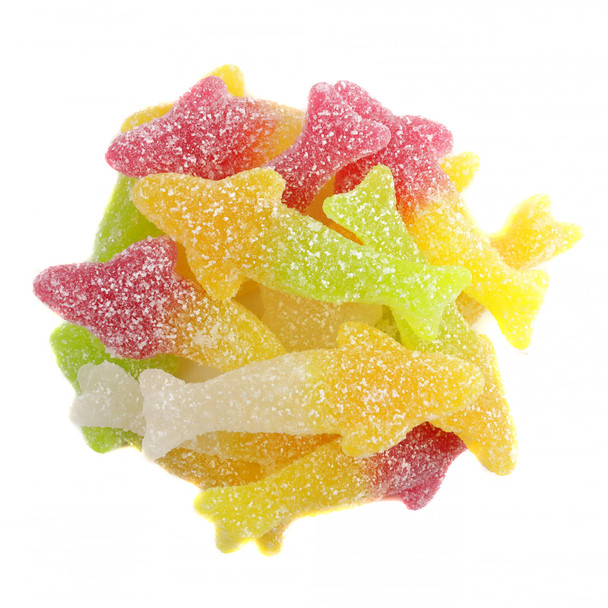 Vegan Sour Sharks gummies, assorted fruit flavors like apple, lemon, orange, pear, strawberry. Approx 55 per lb.