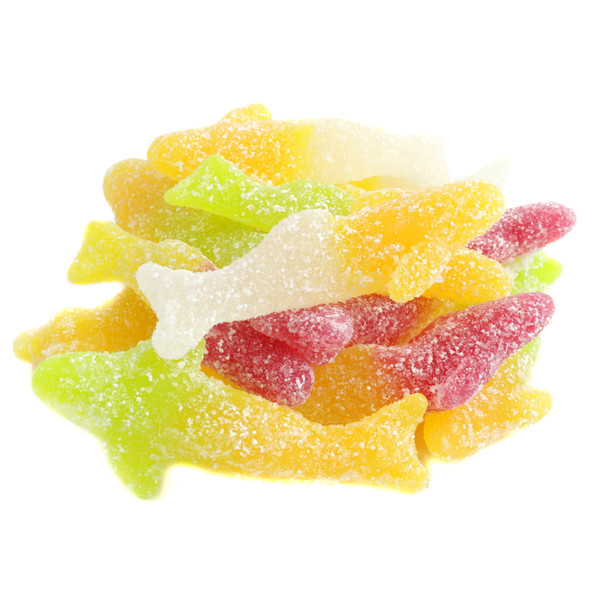 Vegan Gummy Sour Sharks, approx 55 per pound. Green, yellow, orange, red, fruit flavored, sour vegan shark gummies.