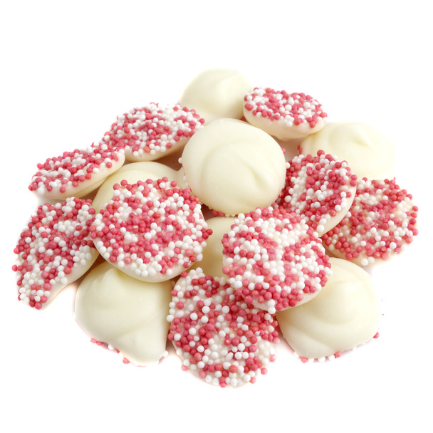 Valentine White Chocolate Nonpareils, 1 lb. white chocolate discs with red, pink, white sprinkles. Approx. 130 pieces, creamy, crunchy.