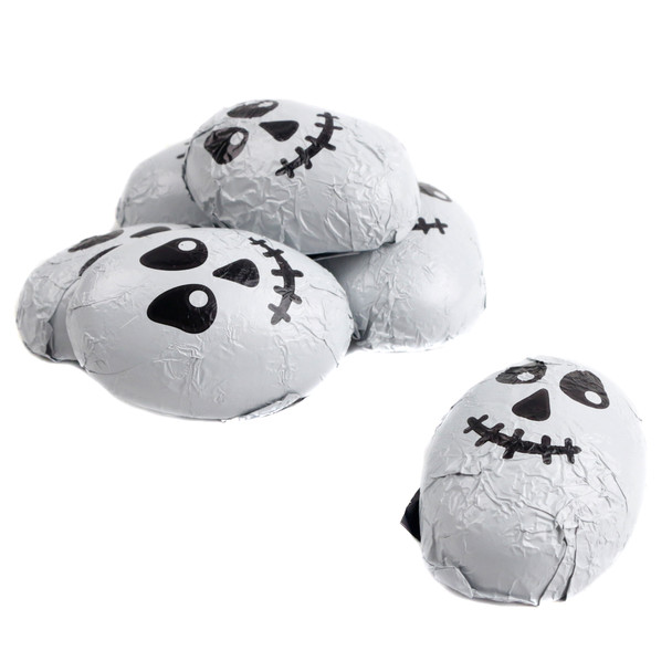 Halloween Double Crisp Chocolate Skulls, ghoulish skull foils, approx. 47 per pound.