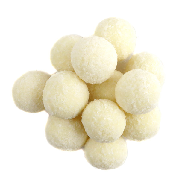 White chocolate covered Sugar Cookie Bites, dusted with fine sugar. Bite-sized, approx 115 pieces per pound.