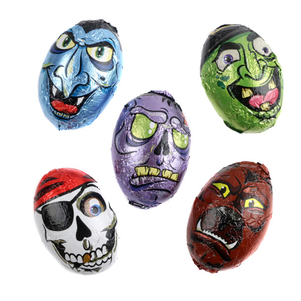 Palmer Halloween Chocolatey Monsters, foil-wrapped, assorted colors, Werewolf, Dracula, Frankenstein, Witches, Skulls.