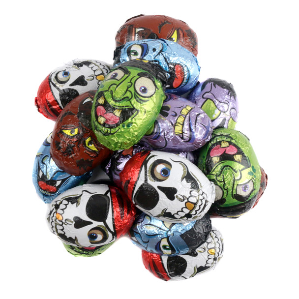 Palmer Halloween Chocolatey Monsters, assorted color foil-wrapped chocolate candy, spooky Werewolf, Dracula, Frankenstein.