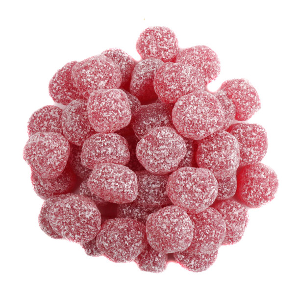 Vegan Sour Cherry Dots, round red gummies, tangy sour cherry flavor, approx 245 pieces per pound.